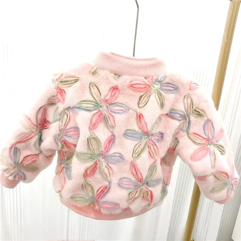 Girls Floral Plush Winter Jacket