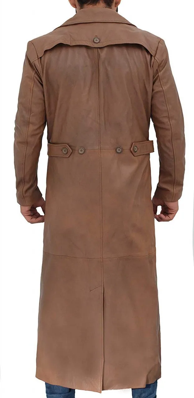 Mens Brown Full Real Leather Trench Over Coat