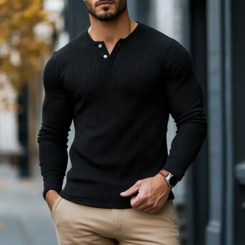 Men's Casual Rib Stripe Henley Collar Slim Fit Long Sleeve T-Shirt 68992413M