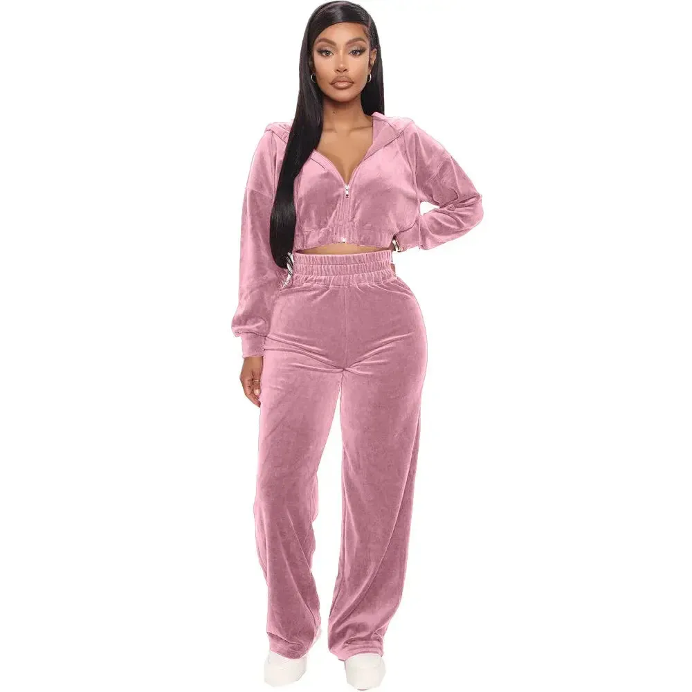Women's Casual 2-Piece Fall Hooded Pantsuit | Long-Sleeve Crop Jacket & Wide-Leg Pants Set